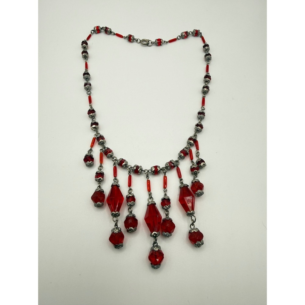 Vintage Red Glass Fringe Bib Necklace Silver Tone Beaded Art Deco